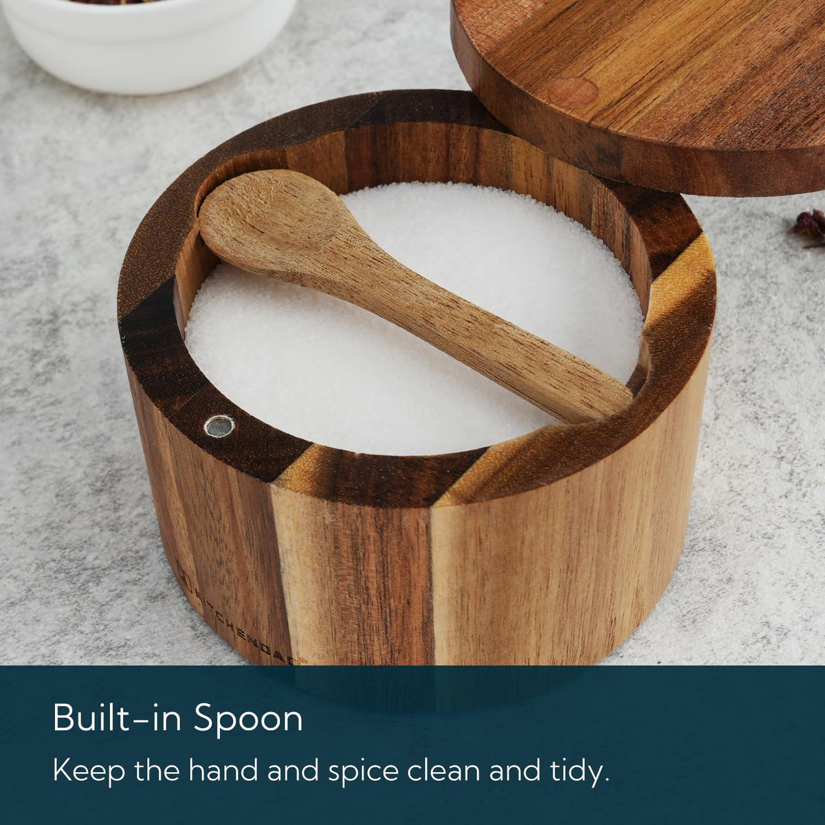 KITCHENDAO Marble Lid Acacia Salt Cellar Box Bowl with Built-in Spoon and Swivel Magnetic Lid Acacia Salt Cellar Box with Built-in Spoon