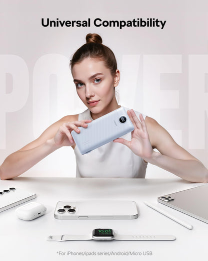 VEGER All in One Travel Portable Charger with Built-in AC Plug & Cables, 10000mAh Slim Power Bank Battery Pack, 15W Fast Charging Compatible with iPhone, Samsung, Android-White