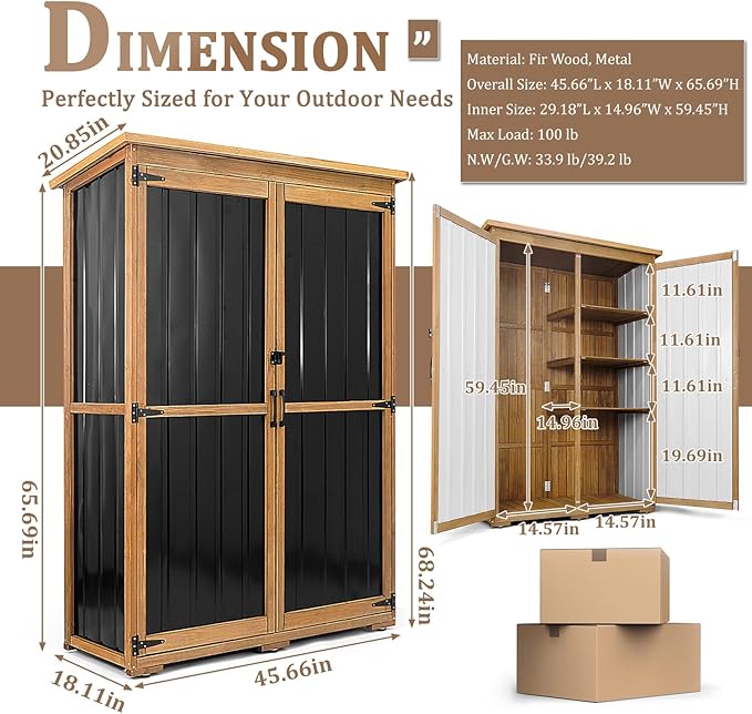 PetsCosset 46" L Large Outdoor Storage Cabinet with Shelves, Wood & Metal Storage Shed Weather-Resistant, Outside Storage Cabinet for Garage Patio Backyard Garden with Waterproof Roof