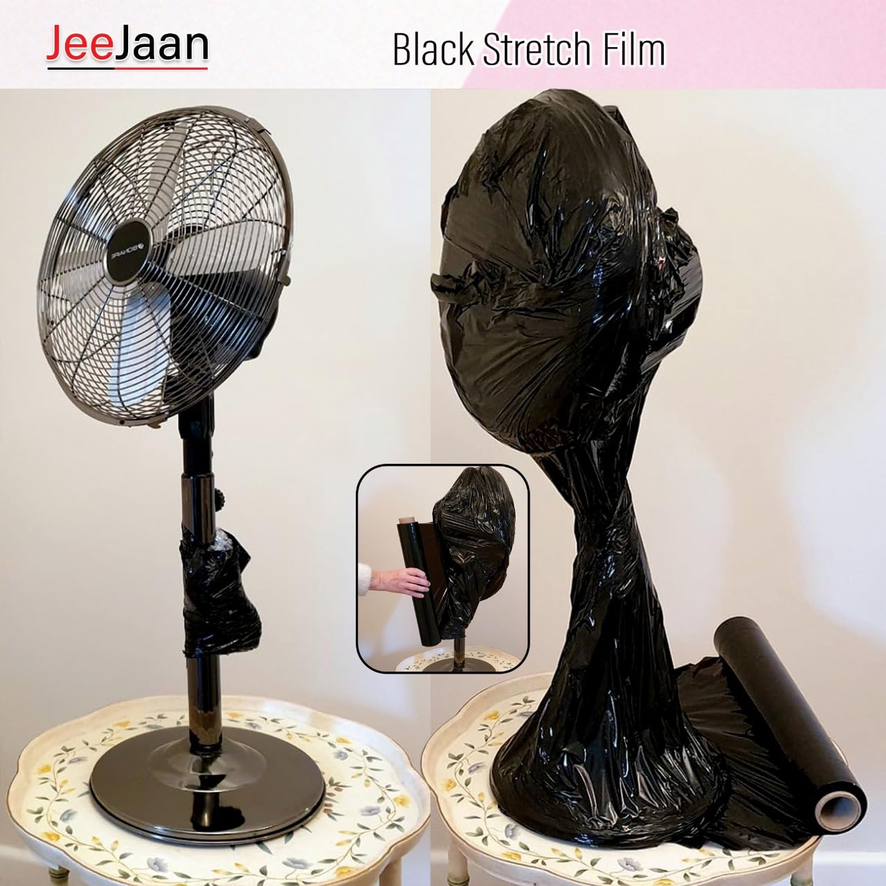 JeeJaan® 2 Rolls Black Pallet Wrap 400mm x 250m, Non-Extended, 20mu - Strong Stretch Shrink Cling Film - Ideal for Wrapping - Warehouse, Moving House & Furniture