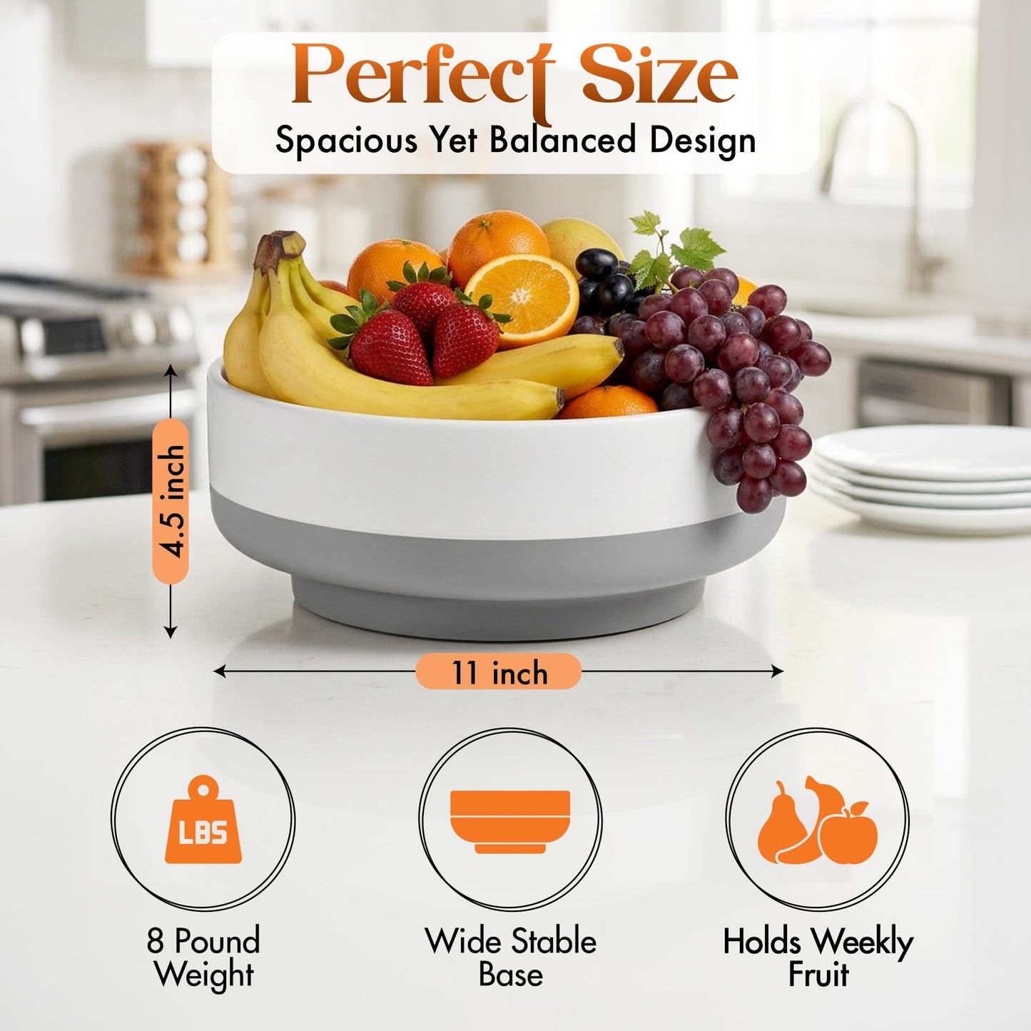 Gennua Kitchen Concrete Fruit Bowl for Kitchen Counter - Modern Two-Tone Stone Centerpiece with Wide Stable Base, Large Decorative Cement Bowl for Entryway Table, Coffee Table Decor, Key Bowl,11 Inch