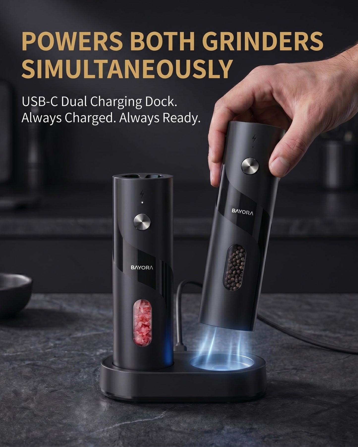 BAYORA Rechargeable Electric Salt & Pepper Grinder Set w/ Charging Base – Automatic Salt & Pepper Mills, USB-C, Adjustable Coarseness, Large Capacity, LED Charging Indicator, 2-Pack, Kitchen Gifts