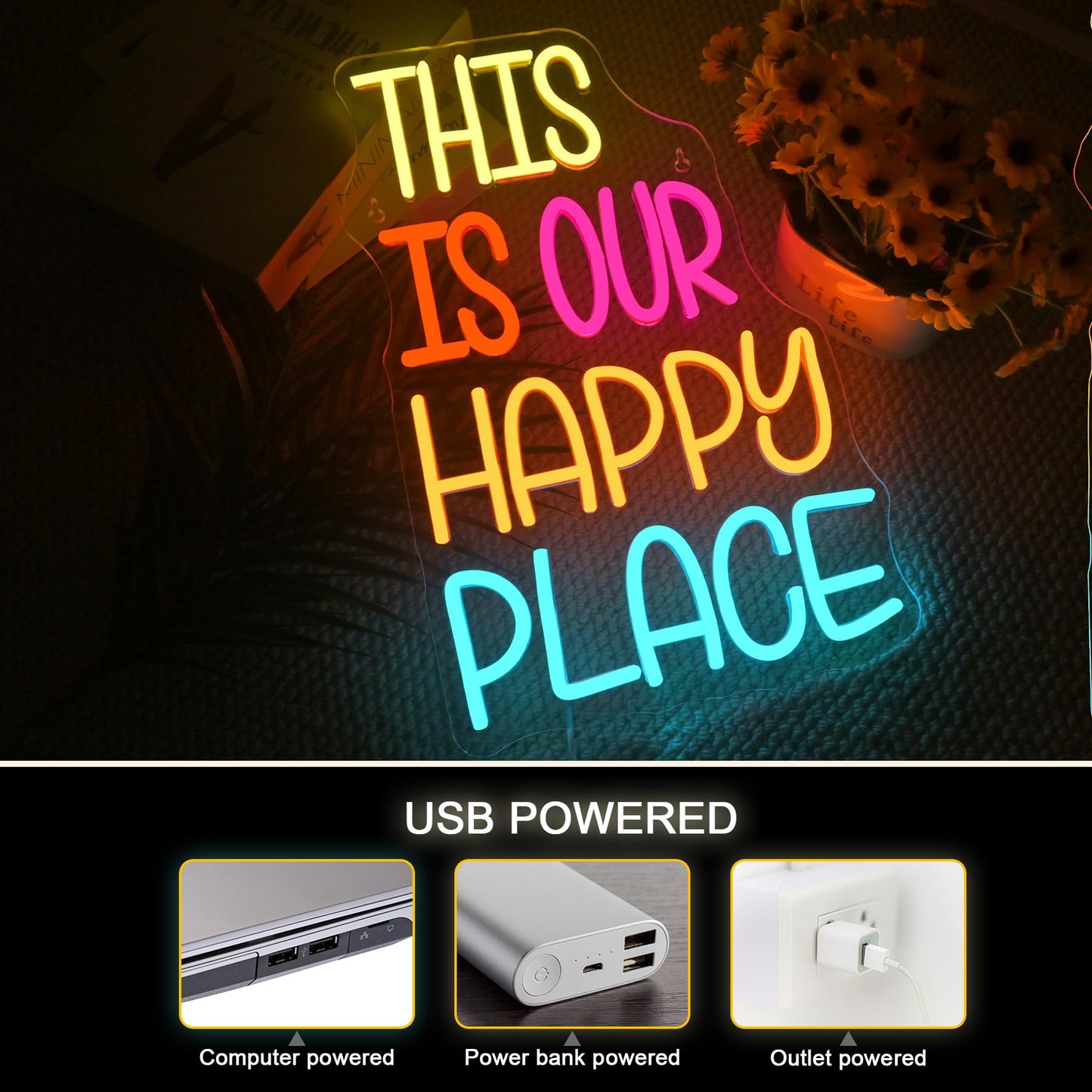 NOSUN This is Our Happy Place Neon Sign Happy Place Neon Signs for Wall Decor Dimmable Warm White LED Signs for Bedroom Classroom Man Cave Home Bar Birthday Party Game Zone Decor Neon Classroom Sign