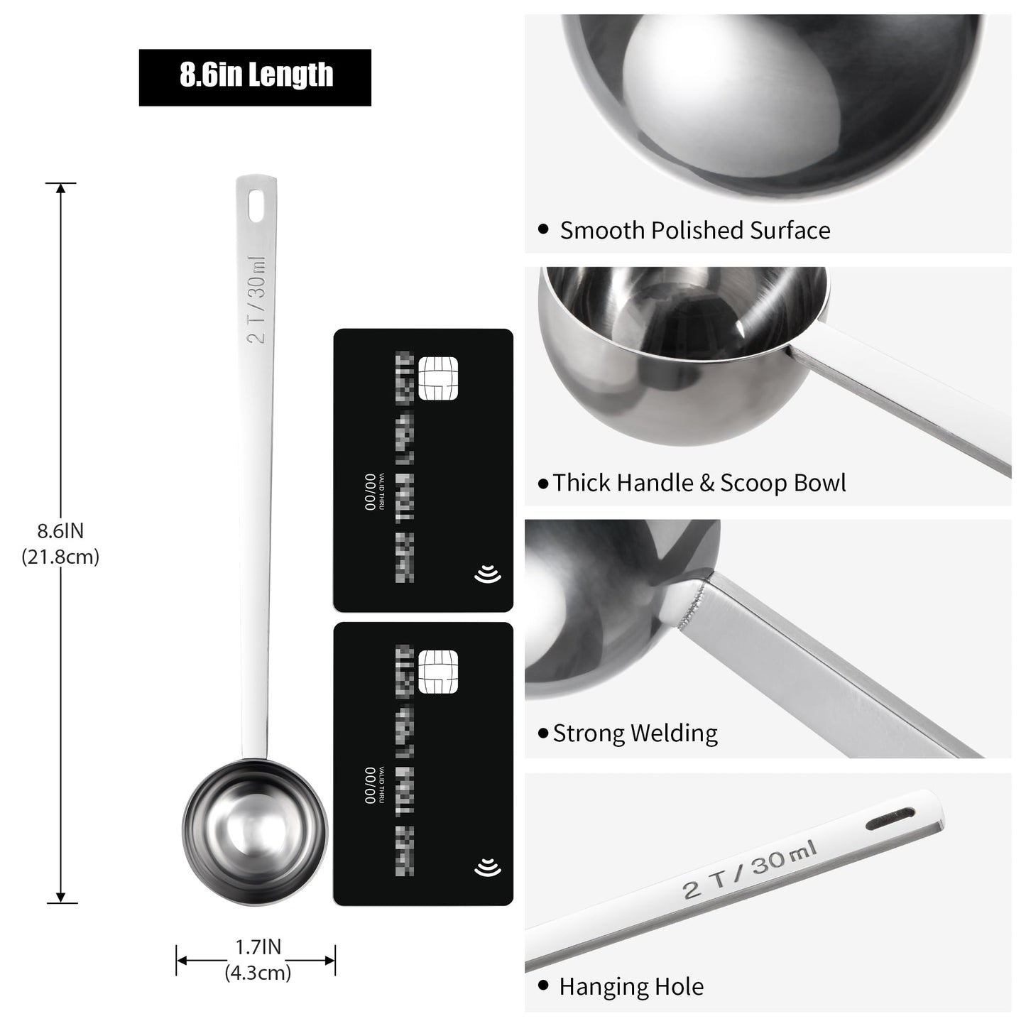 18/8 Stainless Steel Coffee Scoop, Doosu Food-Grade Metal Measuring Spoon with 6.9in Long Handle, Tablespoon Scooper for Coffee Beans, Ground Coffee, Espresso, Protein Powders, Tea, Sugar (2 Tbsp)