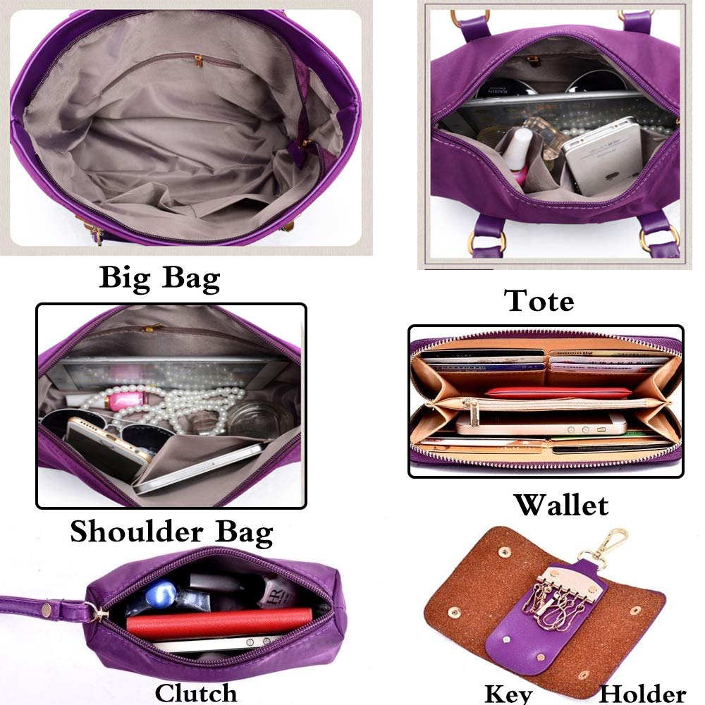 FiveloveTwo Women Ladies 6 Pcs Handbag Set Hobo Top Handle Bag Totes Satchels Crossbody Shoulder Bags and Purse Clutch Purple