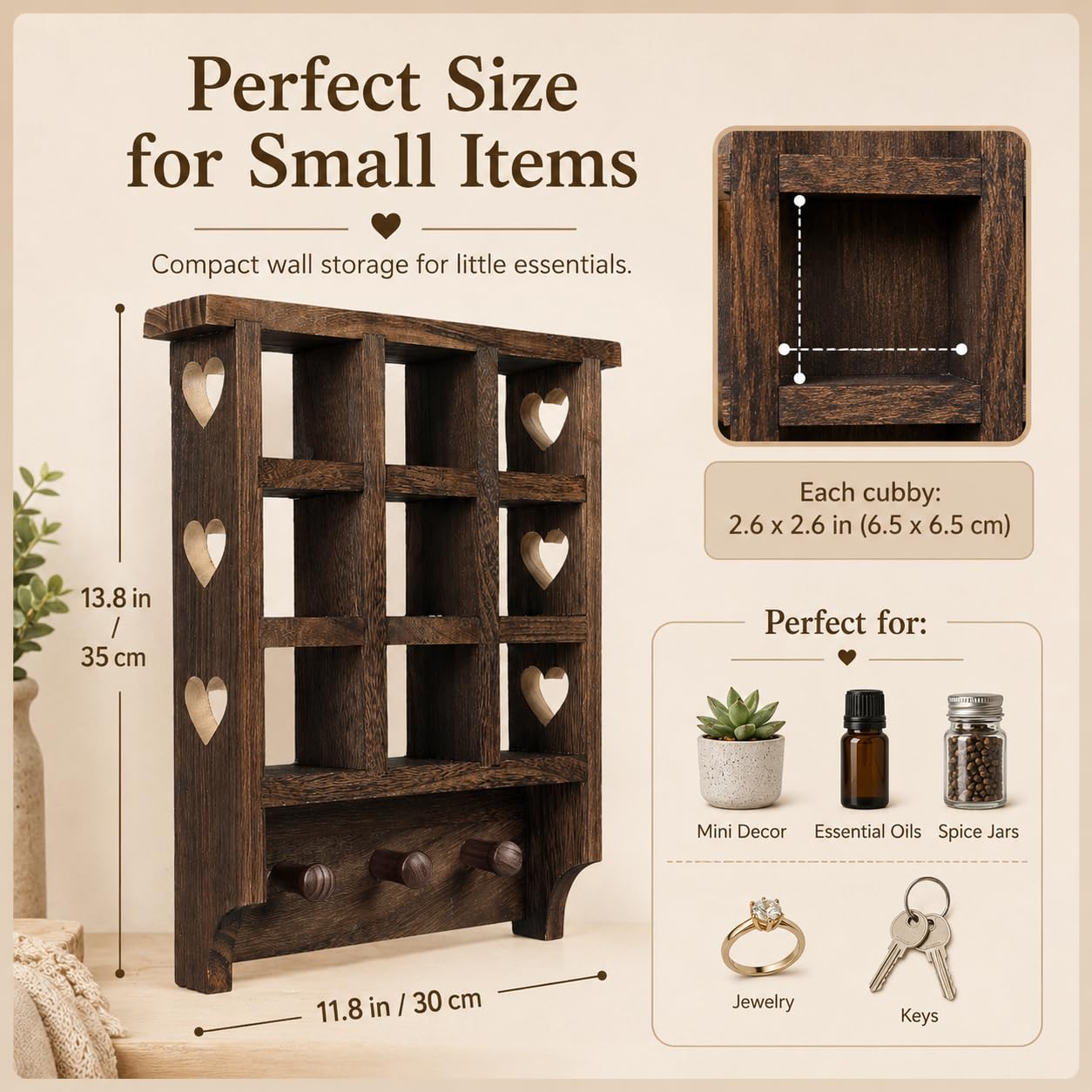 Trinket Shelf, Wooden Heart Shelf, 14 x 12 inch Floating Shelf, Wooden Trinket Shelf with Hearts and Pegs, Figurine Display Shelf, 9 Openings Heart Wall Shelf for Bedroom, Living Room, or Study Room