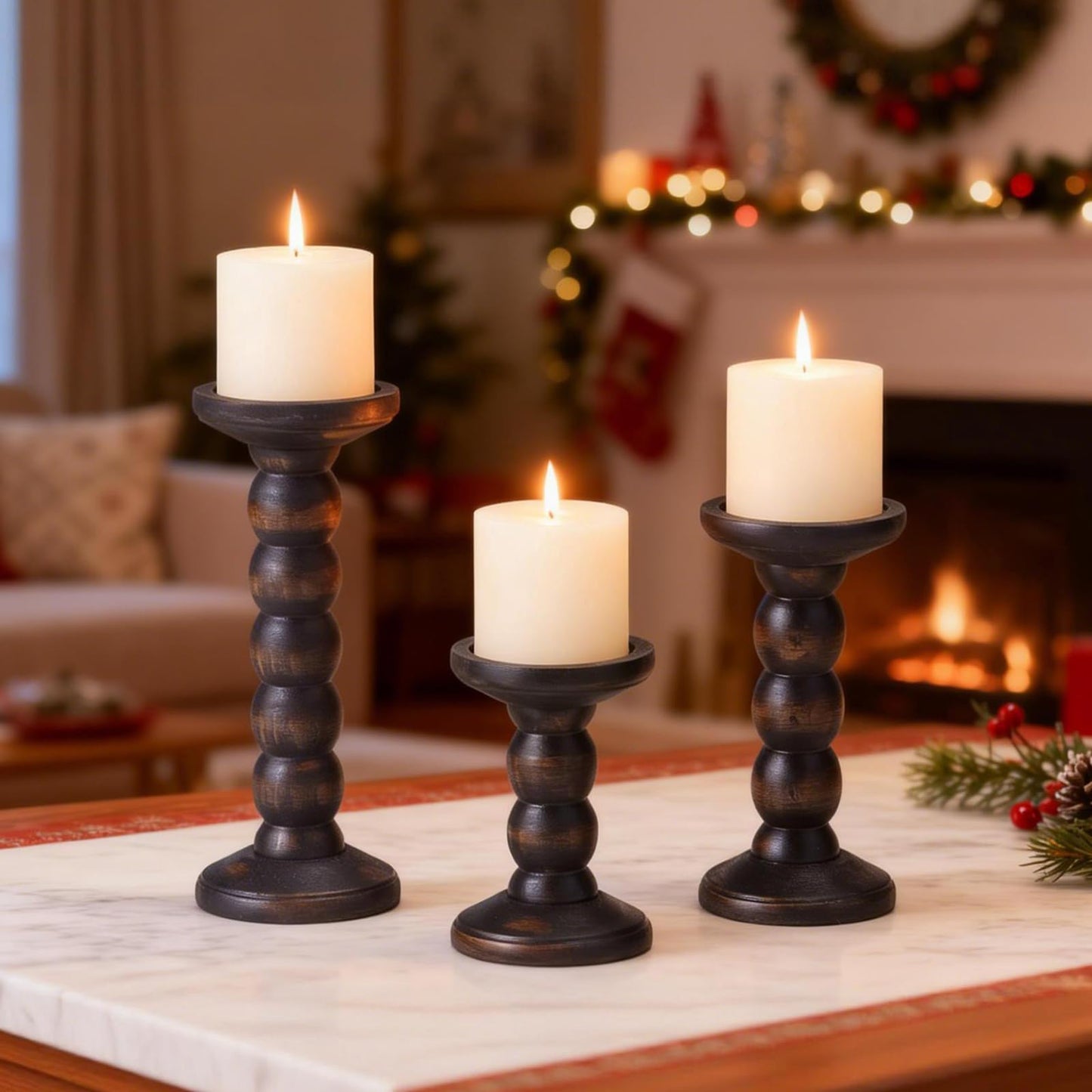 HuiDao Solid Wood Candle Holder, 3Pcs Rustic Black Candle Holders for Pillar Candles, Decorative Candle Holders Distressed Wooden Farmhouse Candle Holder Large for Fireplace Table