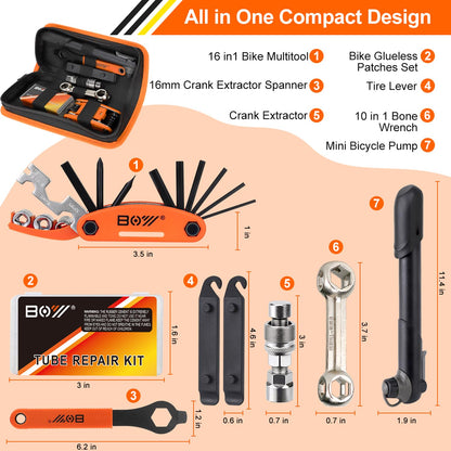 Bicycle Repair Bag With Tire Pump, Portable Tool Kit for Camping Travel - Bike Glueless Patches, Maintenance Essentials All in One Safety Kit