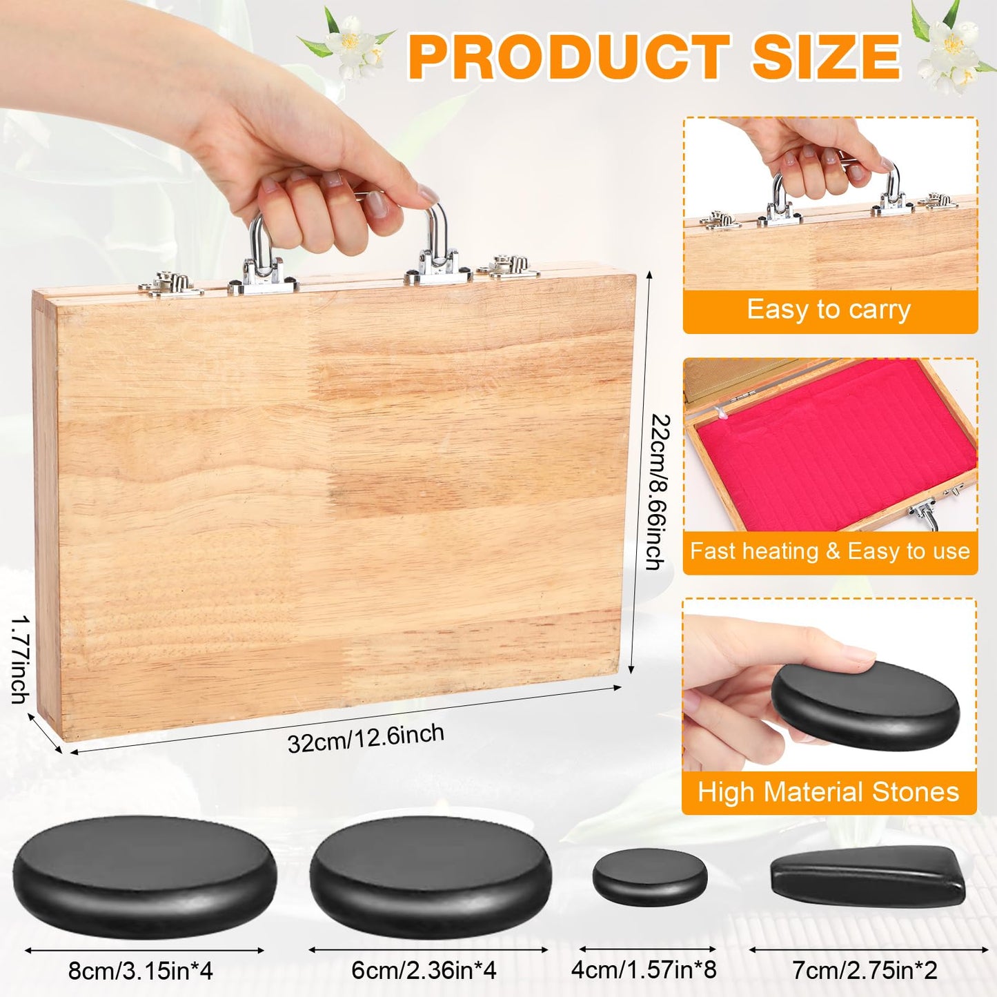 Yunsailing 18 Pcs Hot Stones Massage Set with Electric Heater Box 110v Basalt Massage Rock Kit for Professional Home Spa Warming Relaxing Relief, Constant 50°c (122°f)(Adjustable Temperature Wood Box)
