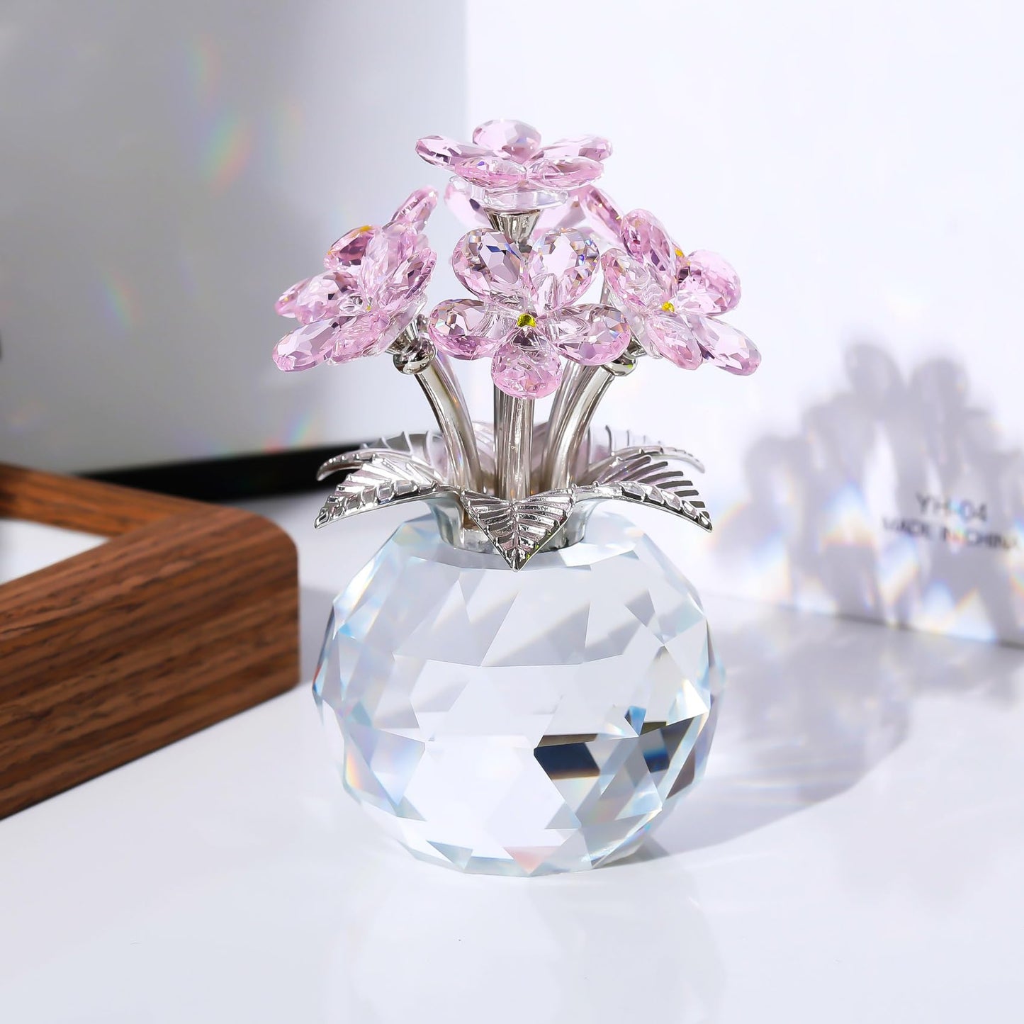 YWHL Pink Crystal Forget Me Not Figurines with Base, Crystal Glass Flower Gifts for Women, Handmade Flower Collectible Figurine Ornaments for Tabletop Centerpieces Home Decor