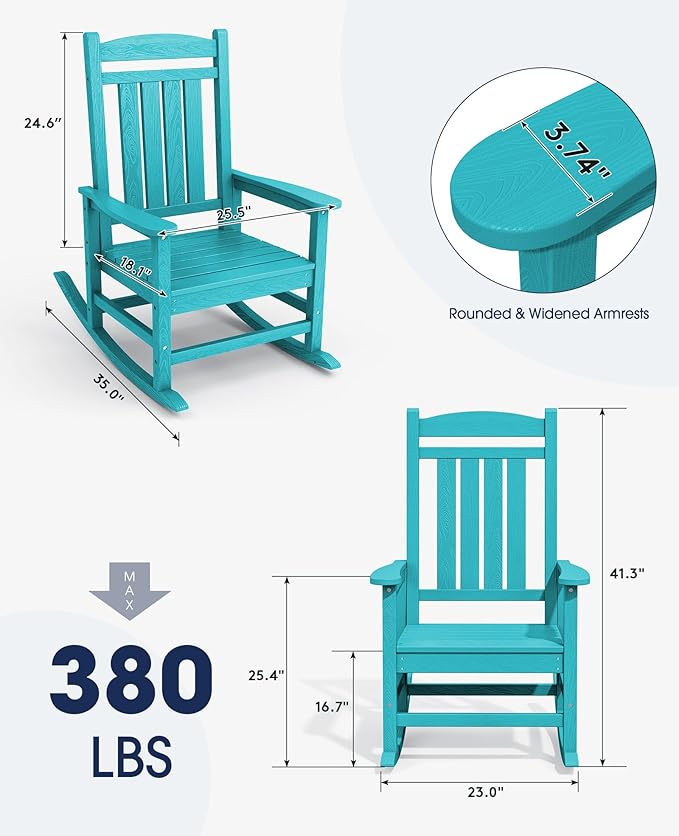 KINGYES HDPE Rocking Chairs Outdoor, Patio Rocking Chairs with 330lbs Support, Smooth Porch Rocker for Deck Lawn Yard, Aruba Blue