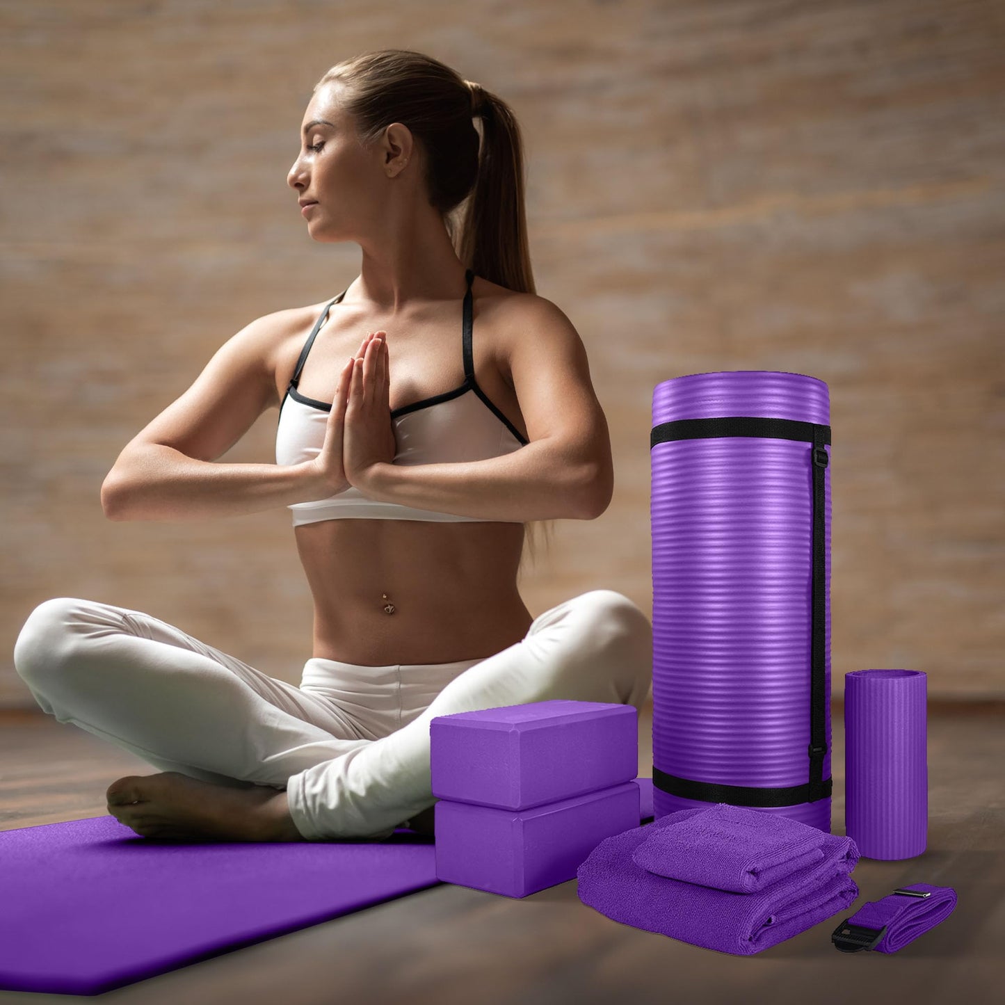 BalanceFrom 7-Piece Yoga Set with 71x24x1 Inches Extra Thick Mat and Carrying Sling – Includes 2 Blocks, Stretch Strap, 2 Towels, and Knee Pad for Home, Studio, and Gym Workouts