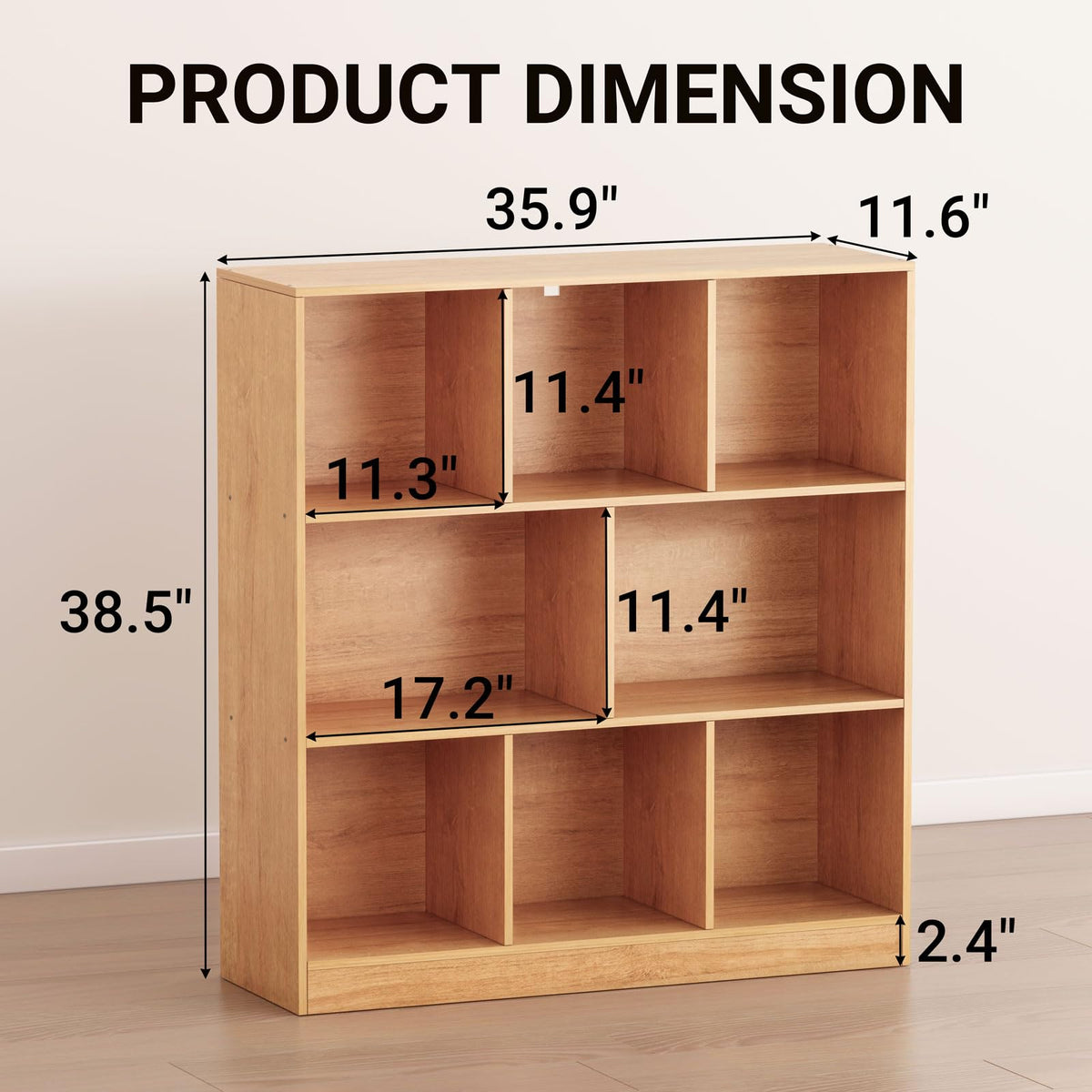 NewBeth 8-Cube Wooden Bookshelf with Base,3-Tier Freestanding Open Storage Organizer,Multi-Functional Bookcase for Living Room,Bedroom,Study and Office (Oak, 8-Cube)