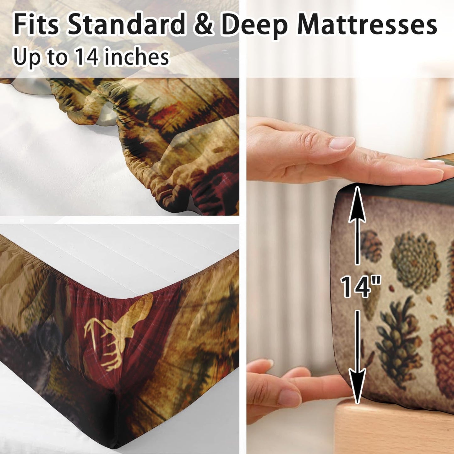 Pamnest Full Size Bed Sheet Sets, Camp Bear Mountain Soft Microfiber 4 Pcs Bedding Sets for Kids and Adults Bedroom Bed Decor, Wildlife Brown Pine Tree Flat, Fitted Sheet and 2 Pillowcases