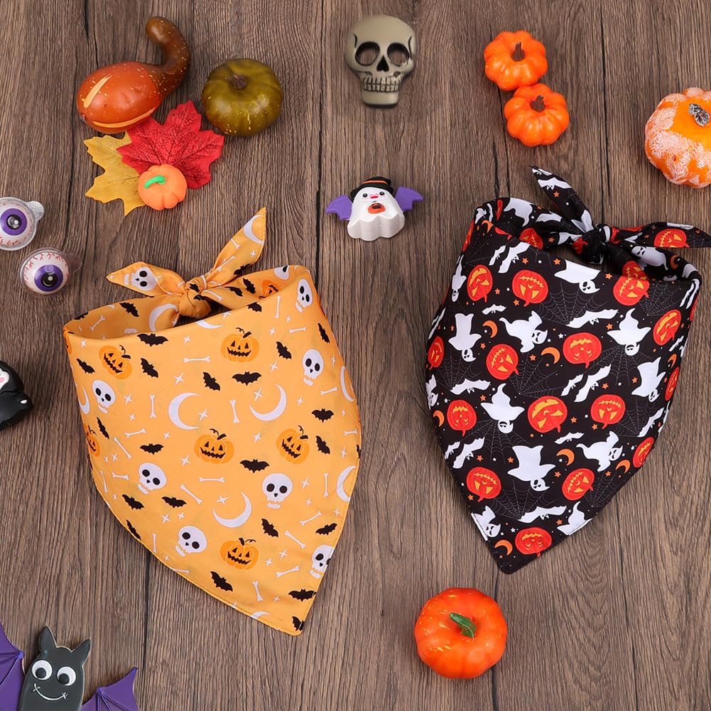 SZEE Halloween Dog Bandanas - 2 Pack Festive Pet Accessories with Skulls & Ghosts, Halloween Costumes for Dogs for Hauntingly Cute Looks This October (Large, Black & Orange)