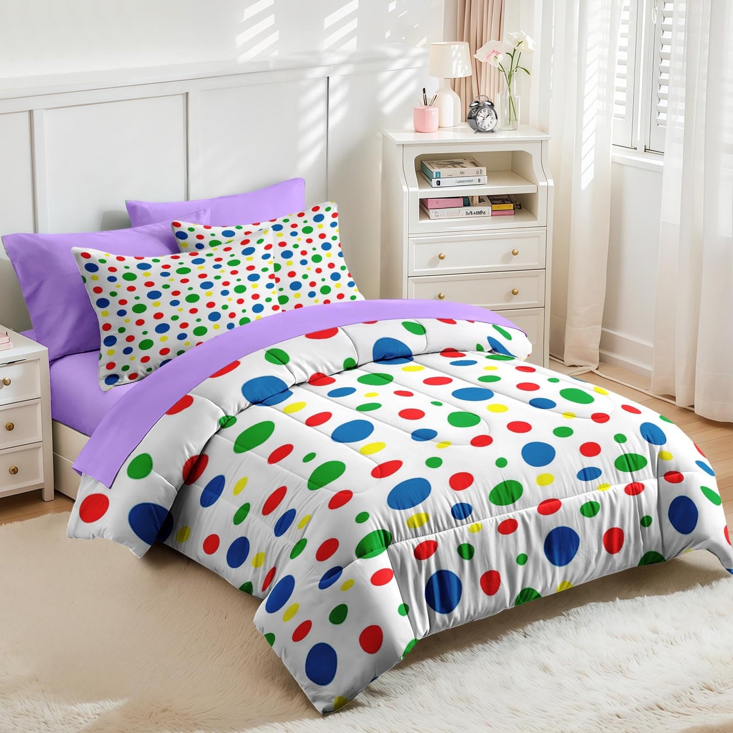 Nesker Comforter Set Queen Size, Rainbow Green Red 7 Pcs Bedding for Kids and Adults, Blue Yellow Polka Dot Bed Sheet Sets with Fitted Sheet 2 Pillowcases & 2 Shams