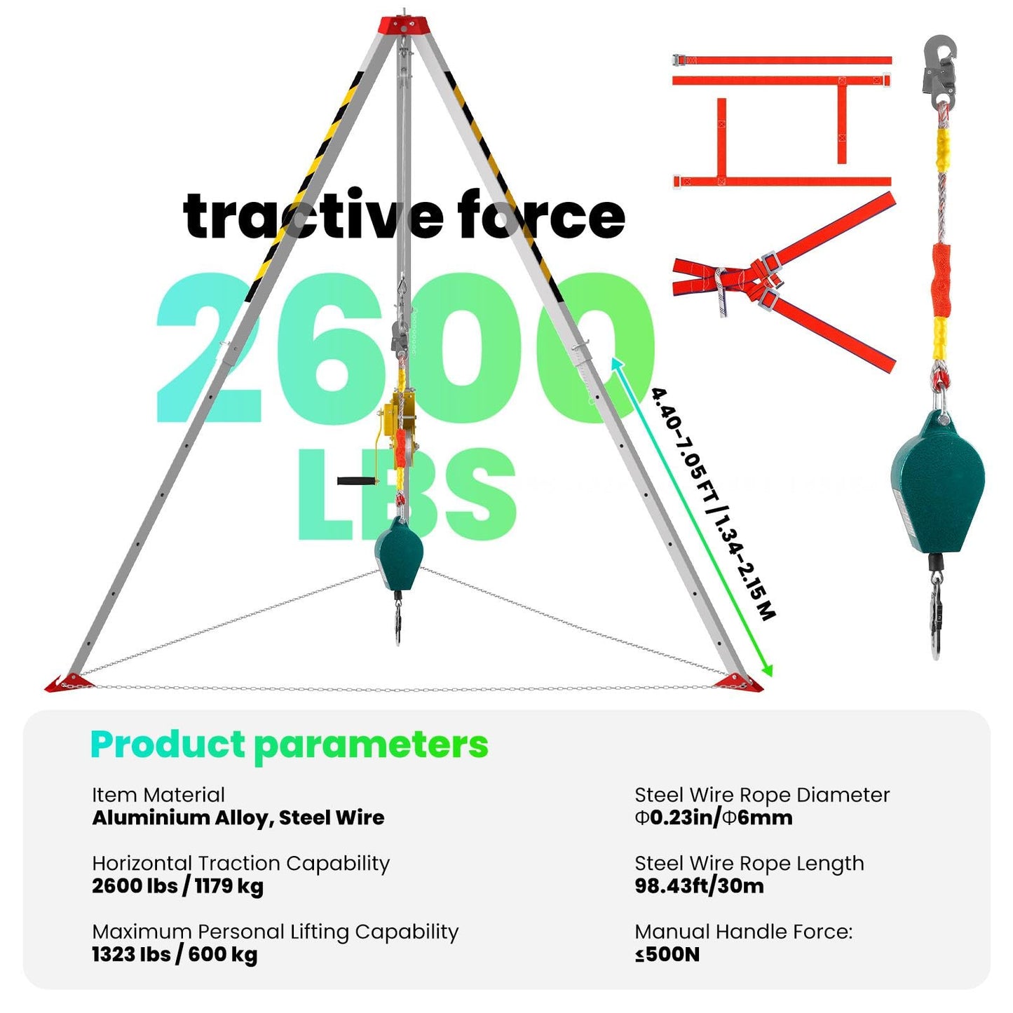 Heavy Duty 2600LBS Confined Space Tripod Kit, Rescue Tripod and Winch with 98FT Steel Cable, Tripod Lifting Hoist & Retrieval System, 4.4-7.1ft Adjustable Legs for Manhole Sewer Rescue