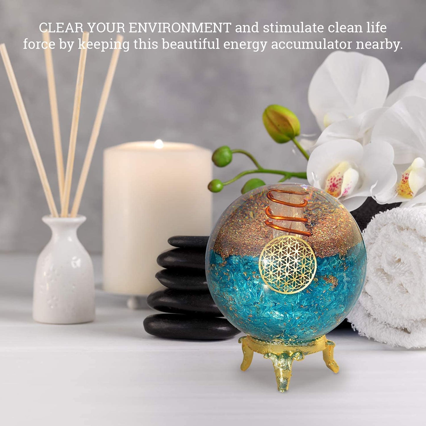 Orgonite Crystal Blue Aquamarine Crystal Ball with Stand for Positive Energy, Chakra Balancing –with Flower of Life Symbol to Promote Purpose, Serenity and Courage