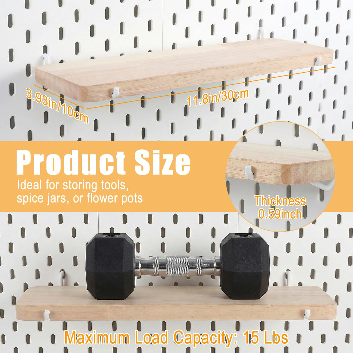 Afcabakila 2pcs Pegboard Shelf Solid Wood Wall Shelf with Hooks L11.8 *W3.9 inch pegboard Accessories pegboards Shelves Wooden peg Board Shelving for Home & Office,Crafts Room, Garage, Workbench