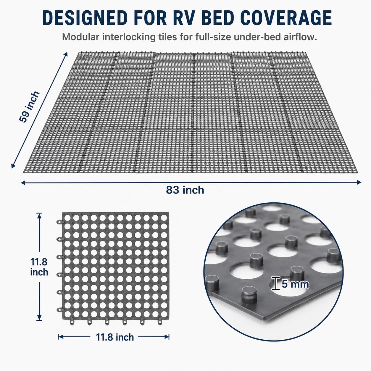 Plastic Ventilated Mattress Underlay Pad, 83" x 59" Breathable Mesh RV Under Mattress Ventilation Pad, Modular Interlocking Underlay for RV, Boat, Camper (Black)