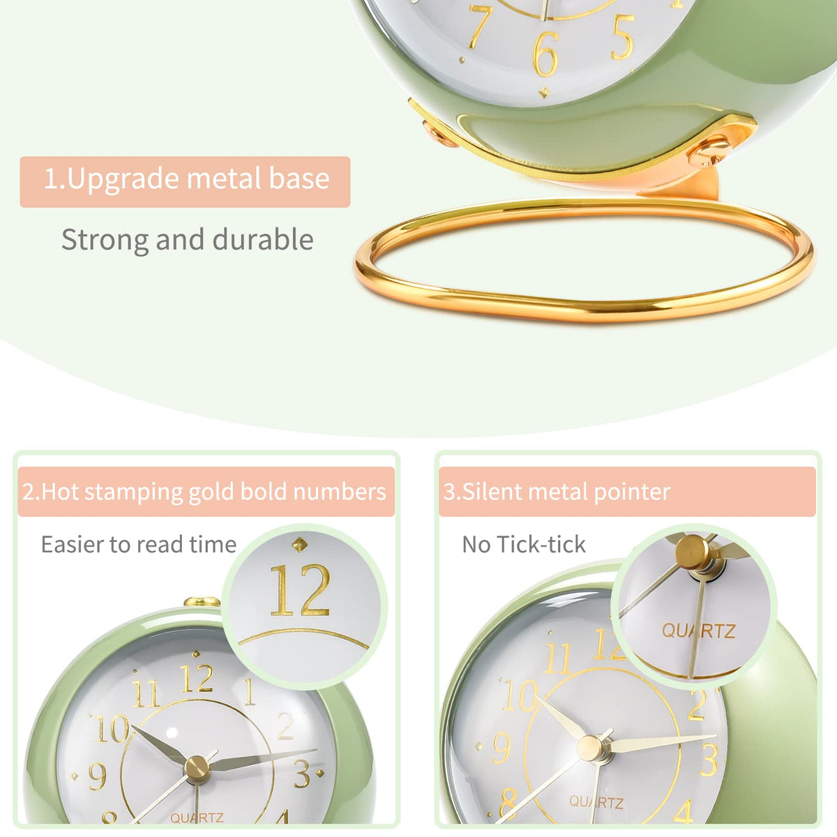 Tetino Analog Alarm Clocks,Retro Backlight Cute Simple Design Small Desk Clock with Night Light,Silent Non-Ticking,Battery Powered,for Kids,Bedroom,Travel,Kitchen,Bedside Desktop Decor.(Green)