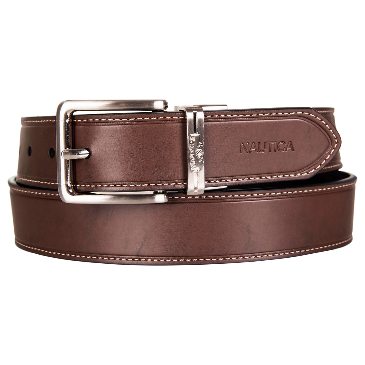Nautica Mens Reversible Brown/Black Leather Belt | 2-in-1 | Classic | Everyday | Business | Work | Dress | Casual | Metal Buckle - 42"