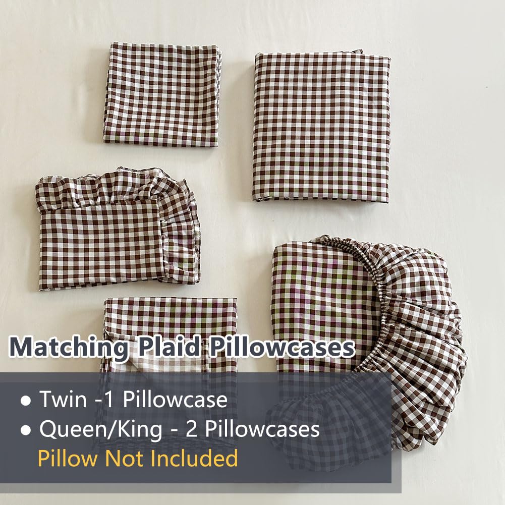NSNLGSGC Mocha Gingham Full Sheet Set, Coffee Soft Brushed Microfiber Plaid Full Bed Sheets, 4-Pieces Grid Sheet Set with Deep Pocket