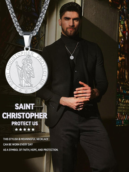 FaithHeart St Christopher Necklace for Men Protective Jewellery Childrens Saint Christopher Pendant with Sturdy Chain Stainless Steel Catholic Necklaces Womens Gifts for Birthday