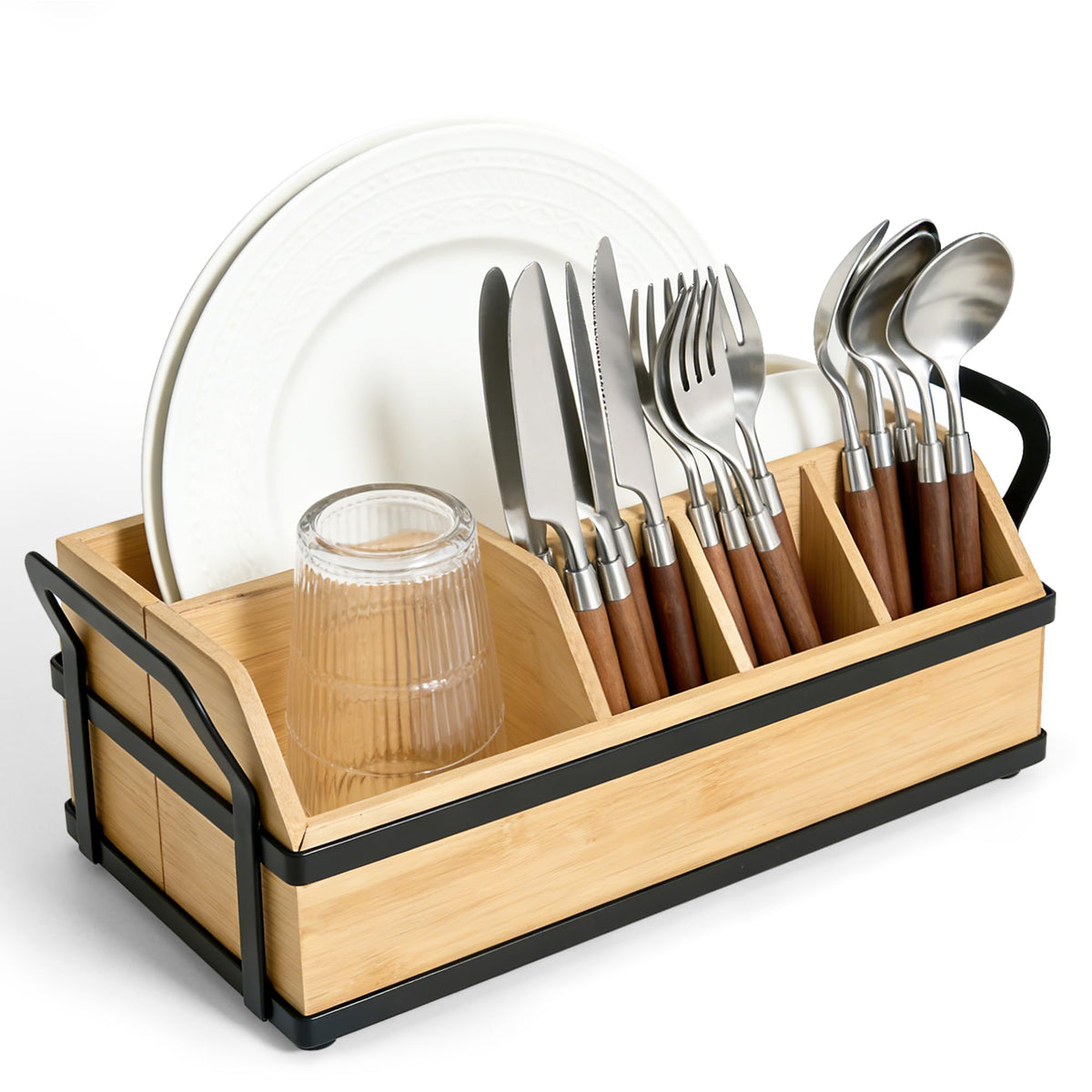 Large Kitchen Utensil Holder Caddy, 6 Compartments Wooden Utensils Organizer for Cooking Utensils, Silverware, Paper Plate, Spoon, Fork, Cutlery Storage on Kitchen Countertop for Party Hosting
