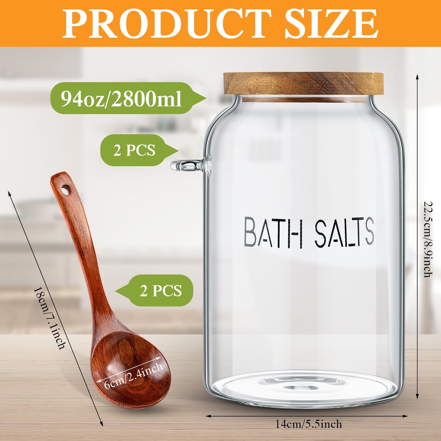 SiliFine 2 Pcs 94 oz Bath Salts Glass Jar with Wooden Lid, Bath Salt Container with Scoop, Airtight Storage Bathtub Accessories for Women