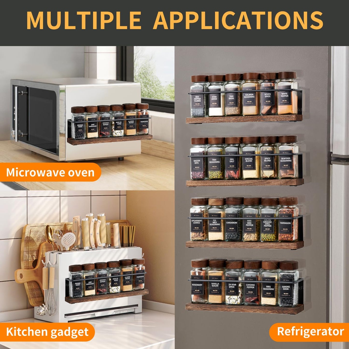 KitHero Wooden Lid Magnetic Spice Rack with 24 Jars, 216 Labels, 1 Steel Funnel for Refrigerator，Microwave Oven - Full Set of Spice Organizer