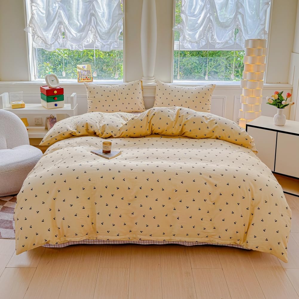 BlueBlue Cherry Duvet Cover Set Queen 100% Cotton Soft Lightweight Gauze Bedding Dark Gray Black Cherry on Cream White 1 Fruit Full Comforter Cover 2 Pillow Shams, Queen