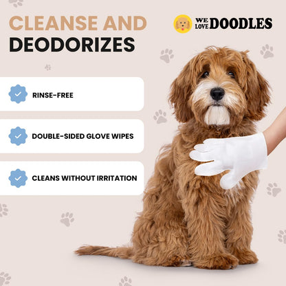 We Love Doodles Dog Gloves Wipes & Dog Slicker Brush Bundle - Pet Bathing Wipes for Dogs, Paws, Face, Body, Ears - Pet Grooming Detangler Pin Dog Brush, Goldendoodle Long Pin Brush for Dematting