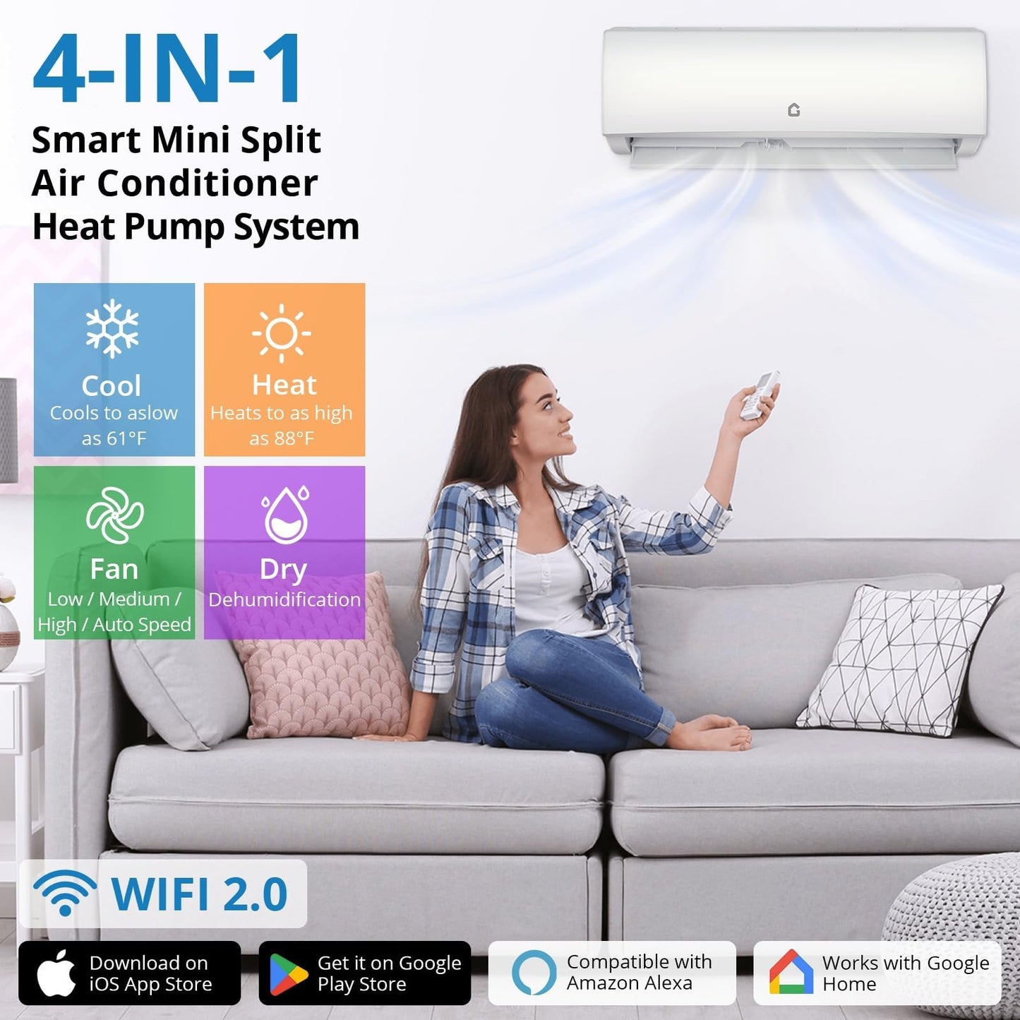 17000 BTU Mini Split Air Conditioner, 230V WIFI Enabled Inverter Air Conditioner & Heater Pump System Cools Up to 1250 Sq. Ft, Installation Kits & Heat Pump