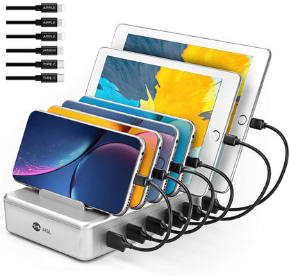 Charging Station for Multiple Devices - 6 Port Multi USB-A Charger Stations Multi-Device Organizer Charging Dock for iPhone iPad Android Cell Phone Tablets with 6 Mixed Cables Included(UL Certified)