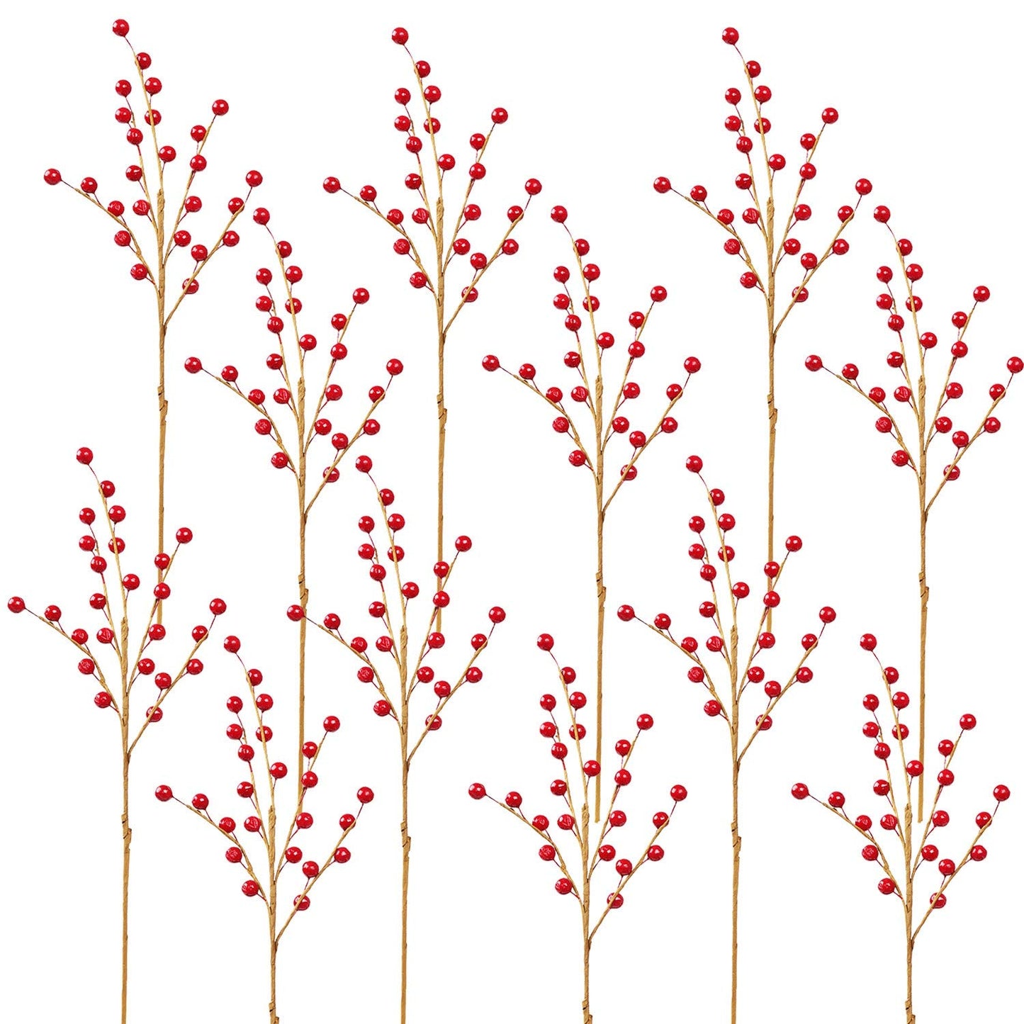 DR.DUDU 12 Red Holly Berry Stem Picks - Decorative Wire Stem Branch Sprays for Christmas Tree Decoration, Holiday Decor, Silk Flower Arrangements, Home DIY Crafts