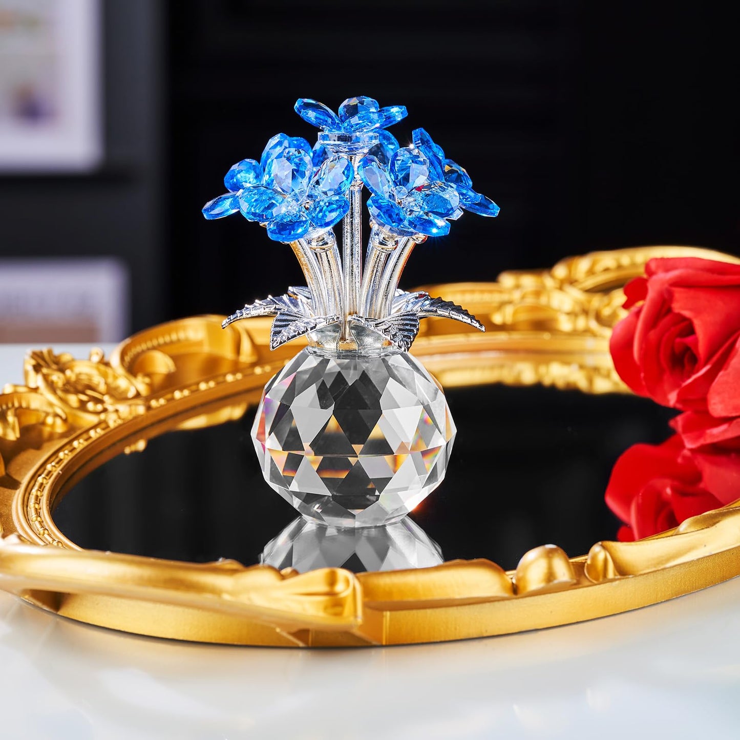 XLSJGYP Blue Crystal Flower Glass Gifts for Sister Girlfriend Women Girl Wife,Crystal Flowers Bouquet Collectible for Wedding Anniversary Mom from Daughter Son (Blue Flower 02)