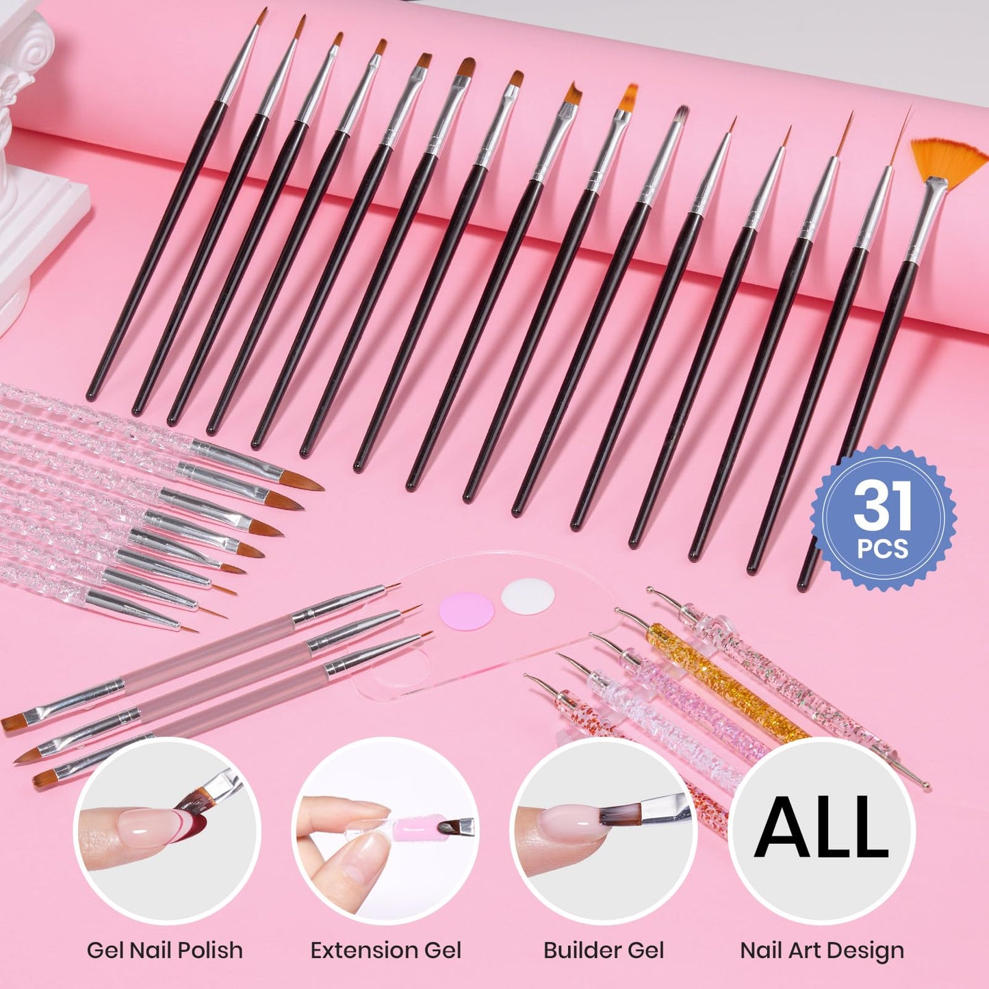 Beetles 31pcs Nail Art Brushes, Dotting Tools, Nail Art Pens, Dust Brush, Striping Liner Fingernail Drawing Pens with Palette Holder All in One for Starter Manicure Design Set