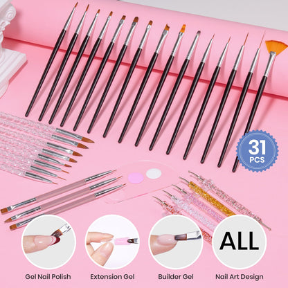 Beetles 31pcs Nail Art Brushes, Dotting Tools, Nail Art Pens, Dust Brush, Striping Liner Fingernail Drawing Pens with Palette Holder All in One for Starter Manicure Design Set