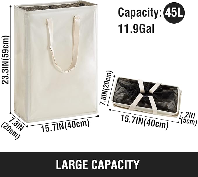 Slim Laundry Hamper with Adjustable Long Handles, 45L Small Laundry Baskets
