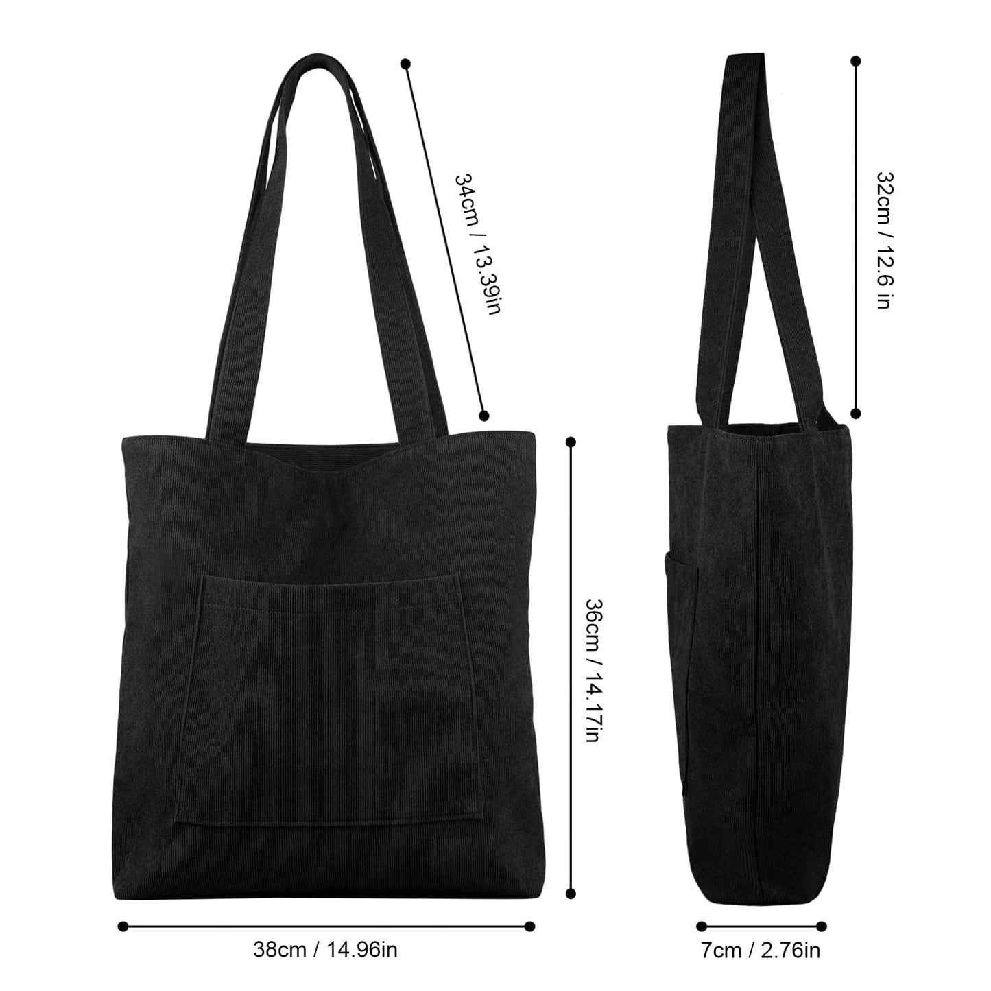 Kememo Corduroy Tote Bag with Zip, Shoulder Bag Women's Hobos Handbags Large Capacity Shopping Bag with Inner Pocket, Black