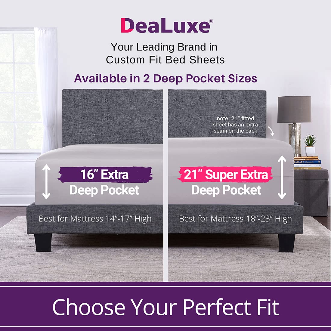 Extra Deep Pocket King Size Sheets – 21” King Sheet Sets Deep Pocket – [4 Piece Set] King Bed Sheets Oversize Flat Sheet, Fitted Sheet, 2 Zippered Pillowcases – 18”–23” King Sheets – Grey Lavender