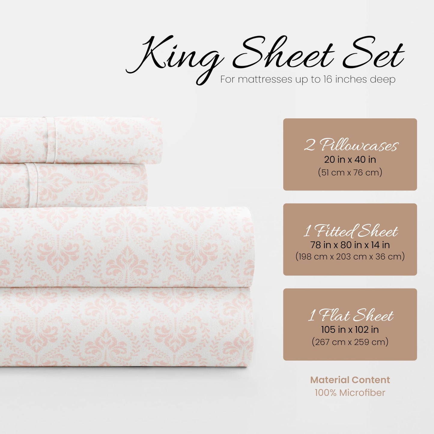 Linen Market Patterned Microfiber King Sheet Set 4 Piece – Oeko-TEX Certified Ultra Soft & Wrinkle-Free - 16" Deep Pocket Sheets - Easy Care King Size - Classic in Pink