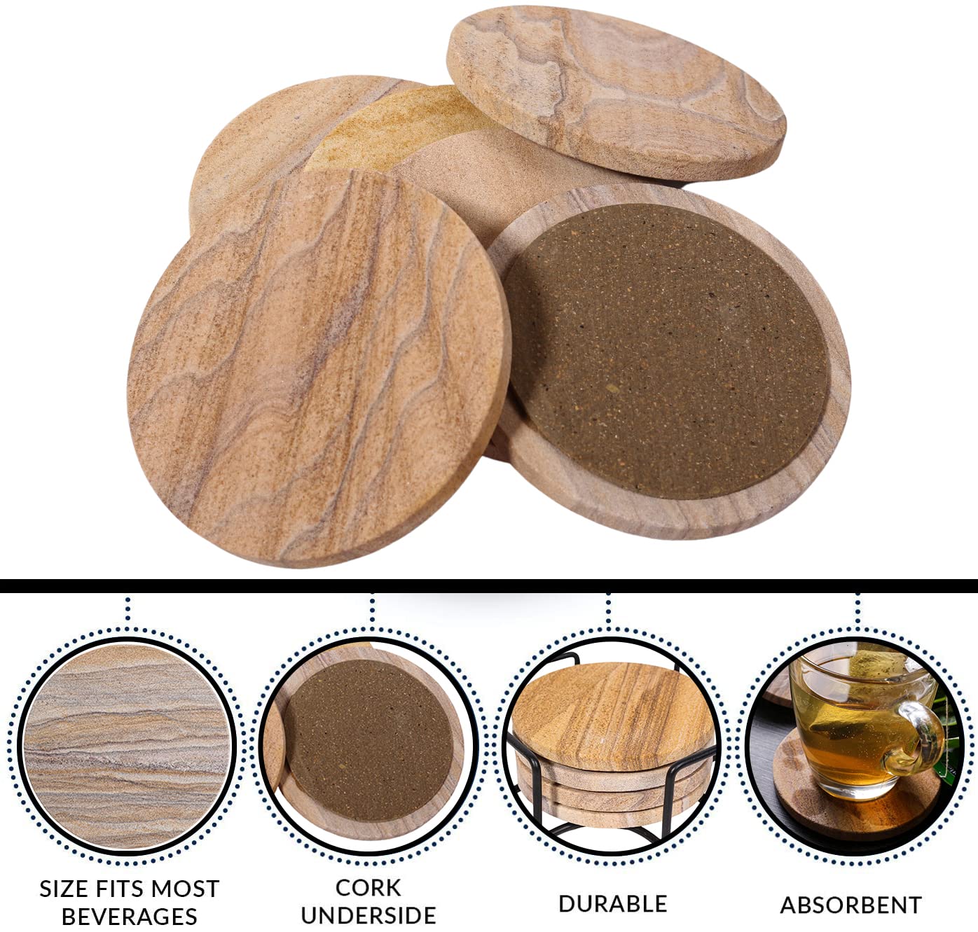 Marbco Sandstone Water Absorbent Hand Crafted Round Coasters for Drinks - 4 Inches Wide Thirsty Stone Bar/Drink Coasters- Made from Rainbow Sandstone (Set of 6 Without Holder)