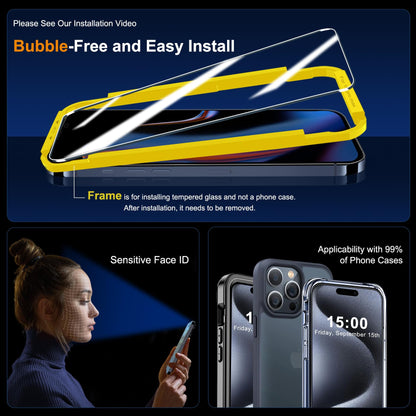 QHOHQ 3 Pack Screen Protector for iPhone 14 Pro 6.1 Inch with 3 Pack Tempered Glass Camera Lens Protector, Ultra HD, 9H Hardness, Scratch Resistant, Case Friendly