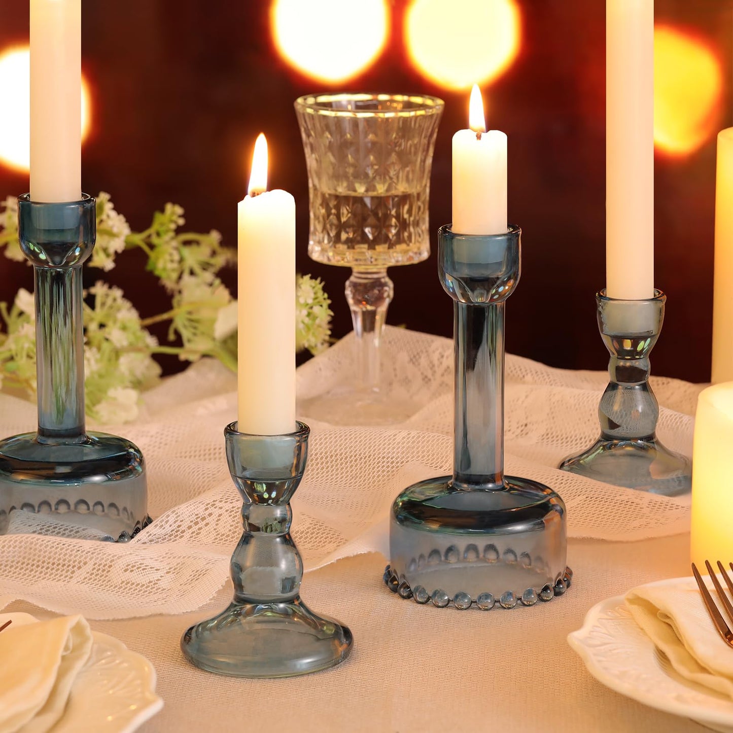 Lanttu Glass Candlestick Holders Set of 6 Blue Taper Candle Holder Bulk Crystal Candle Holders for Wedding, Table Centerpiece, Home Decoration