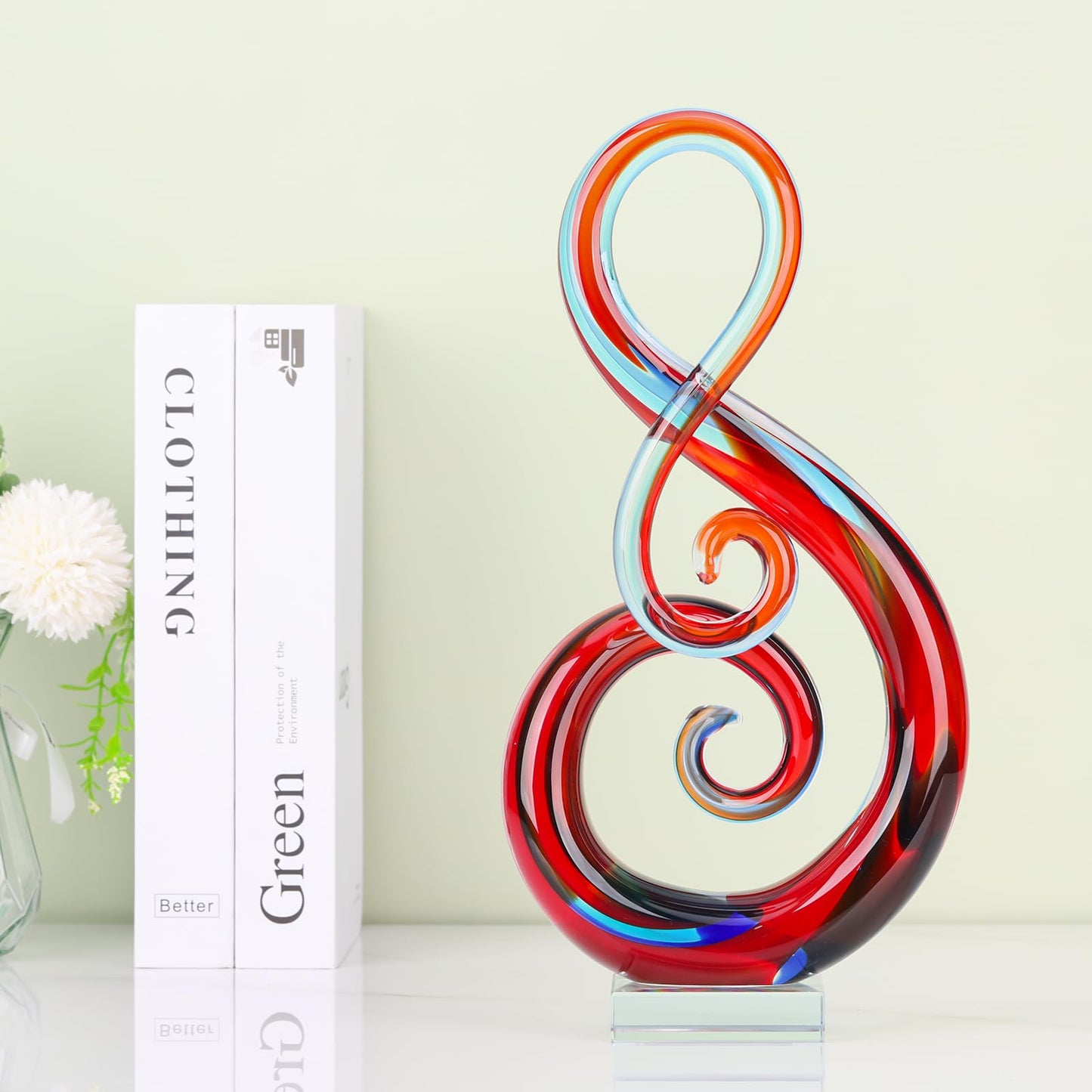 LCCCK 13" H Large Glass Sculpture Blue Hand Blown Glass Figurines Art Music Decor, Modern Red Glasses Decor Crystals Statue Knick Knacks- for Luxury Home Living Room Office Console Table Decoration
