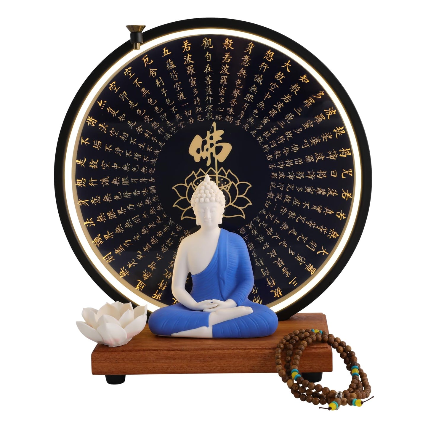 KUMOYOU Buddha Statue Decoration, Ceramic Buddha Statue with LED Ring Light & Backflow Incense Burner, Meditation Decor for Home and Office (Blue)