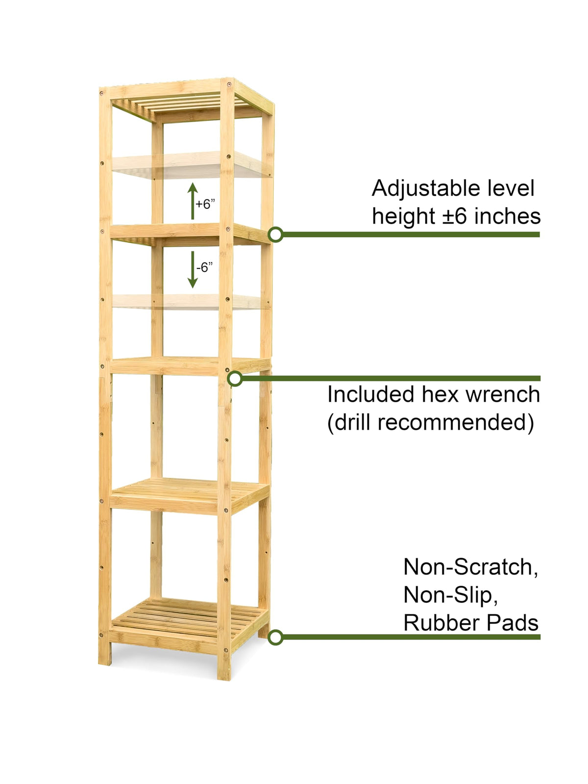 Bam & Boo - 5-Tier Multipurpose Square Shelf Modern Natural Bamboo - for Living Room, Bedroom, Office, Kitchen, Pantry(55” x 13.4” x 13.4”)