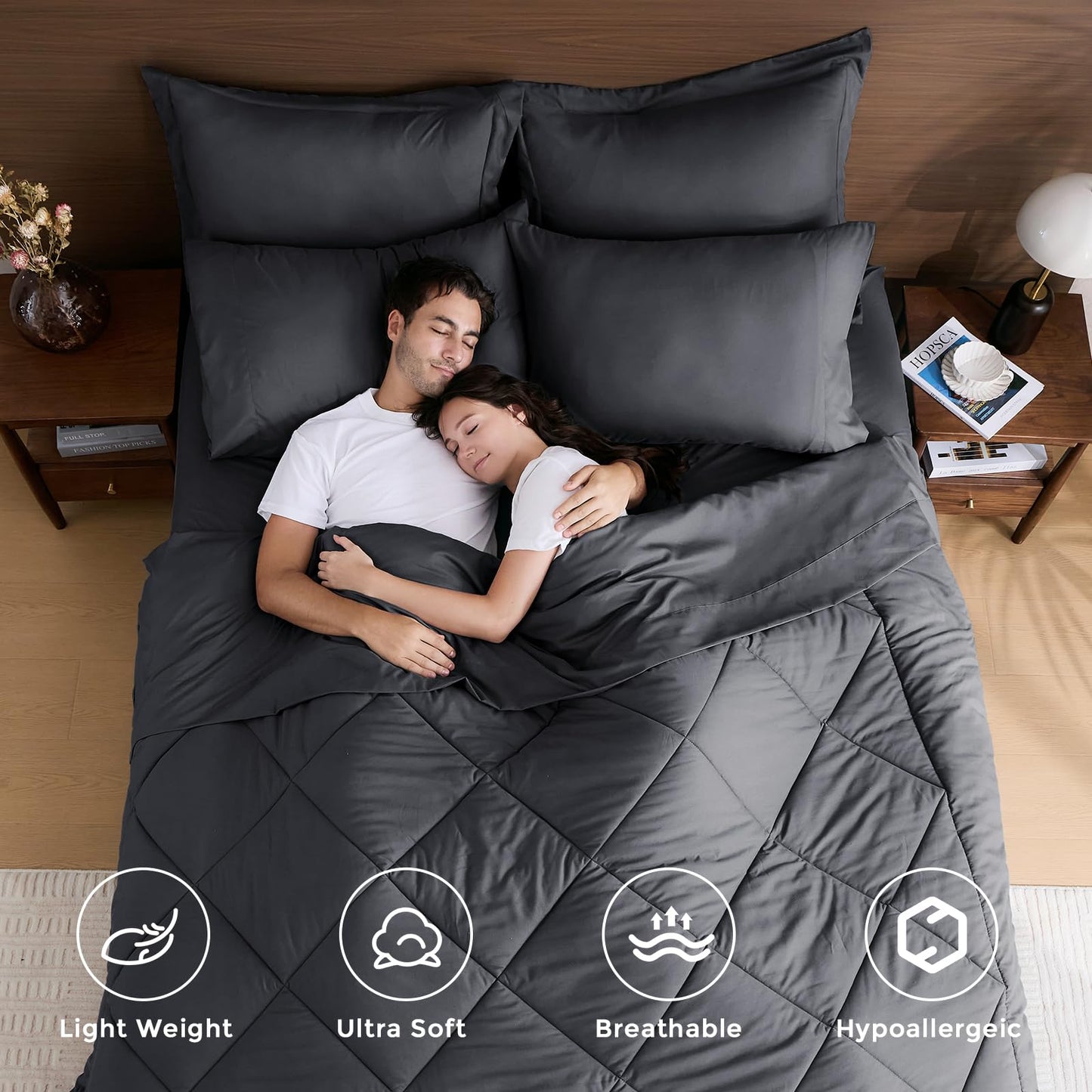 HEVUMYI Full Comforter Set - 7-Piece All Season Bed in a Bag Full, Ultra Soft Bedding Set with Comforter, Flat Sheet, Fitted Sheet, Pillowcases, Pillow Shams, Dark Grey
